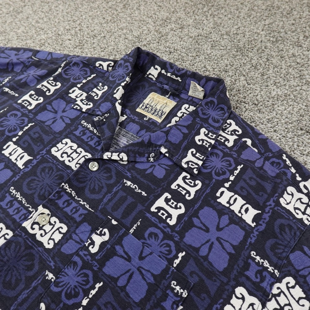 VTG American Eagle Shirt‎ Mens XL Blue Hawaiian Floral Camp Collar Button Up 90s
